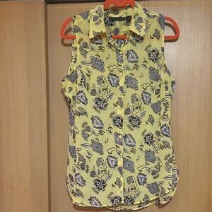 Floral Shear Yellow with Black Floral n Designs Sleeveless Top, L